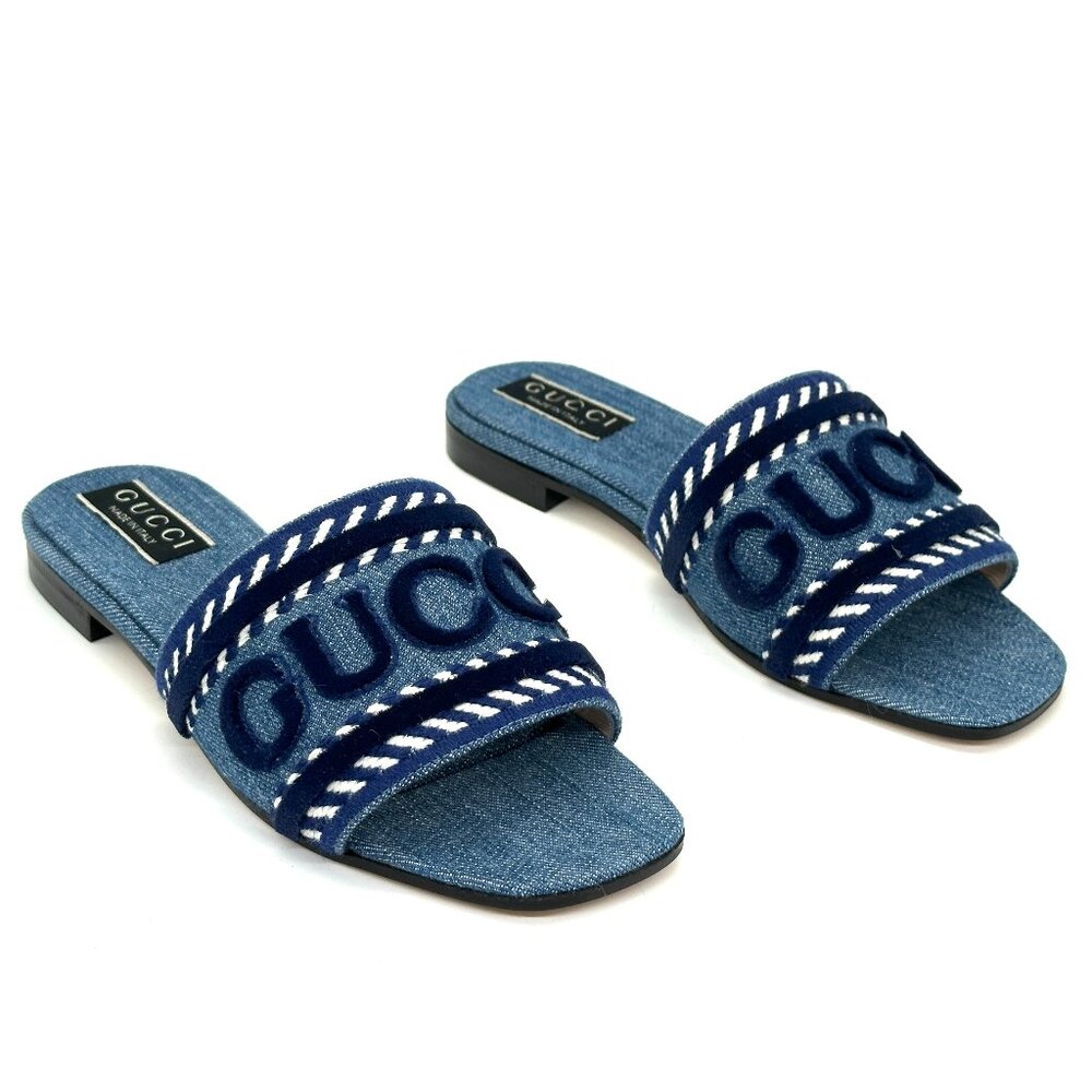 Gucci Jane Denim Logo Embroidered Flat Slide Sandals Shoes Blue - Picture 10 of 16
